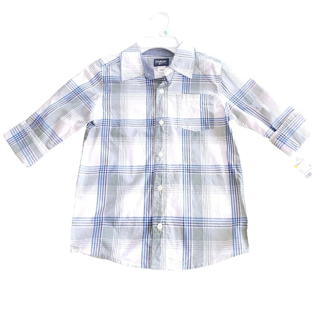 OshKosh Plaid Button Down Shirt Boys Size 8 White Blue NWT Long Sleeve Cotton